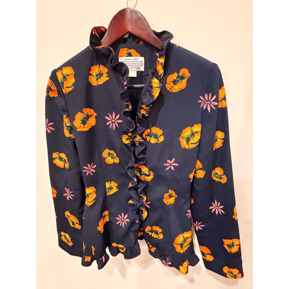 Carolina Herrera Sample Silk Floral Blouse Feather Trim Ruffle Top Sz M